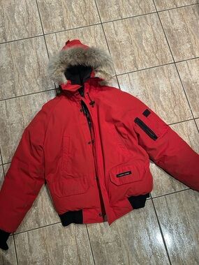 Canada Goose Red Men's Hooded Puffer Jacket with Fur Trim